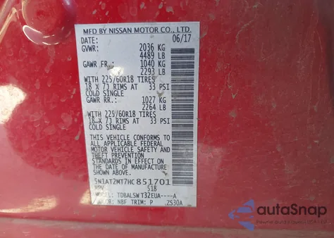 2017 Nissan Rogue Sl from USA, damaged, VIN 5N1AT2MT7HC851701